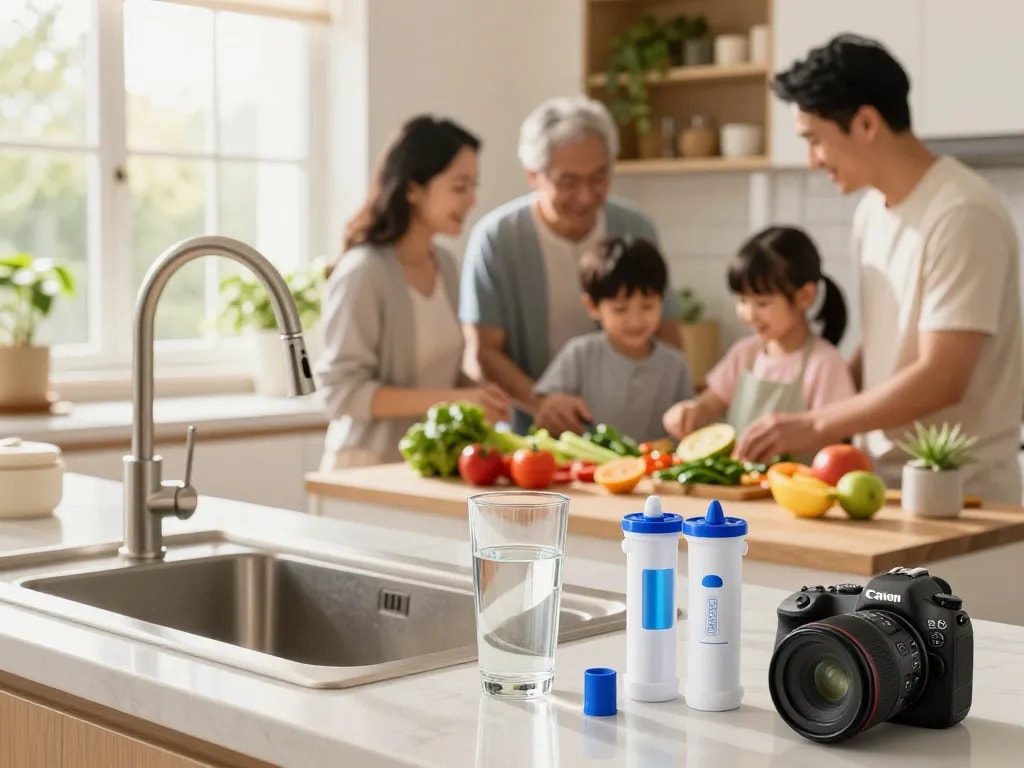 Vattenfilter installerat i ett modernt kök som tillhandahåller rent vatten för familjemåltider.
