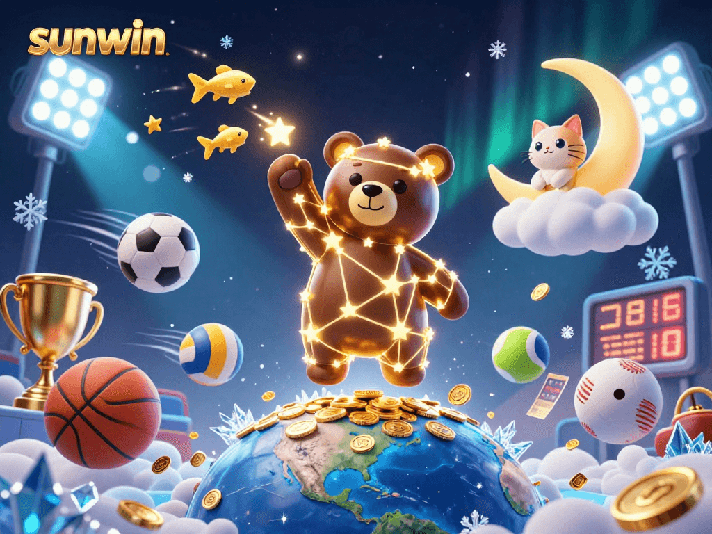 Experience the excitement of sunwin with a vibrant 3D illustration of a constellation bear and dynamic sports elements.