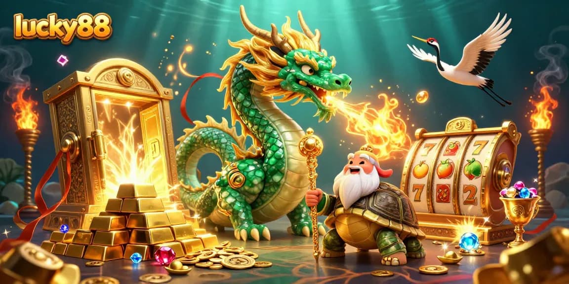 Experience thrilling wins at lucky88 with a dynamic 3D casino scene featuring dragons and treasures.