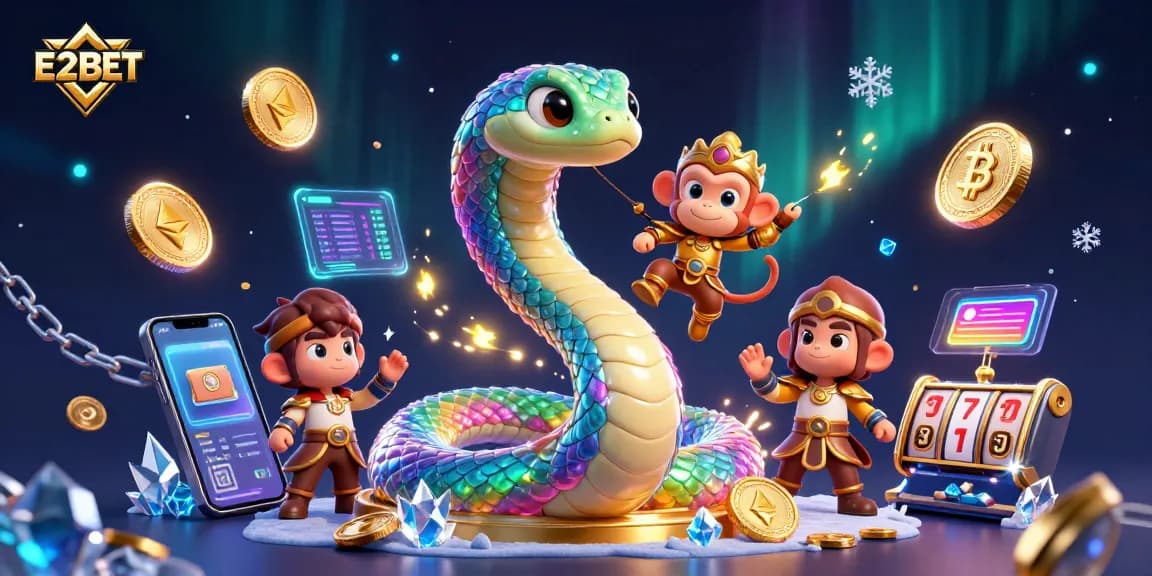 Experience thrilling gameplay with E2BET’s vibrant 3D casino illustration featuring a rainbow serpent amidst crypto icons.