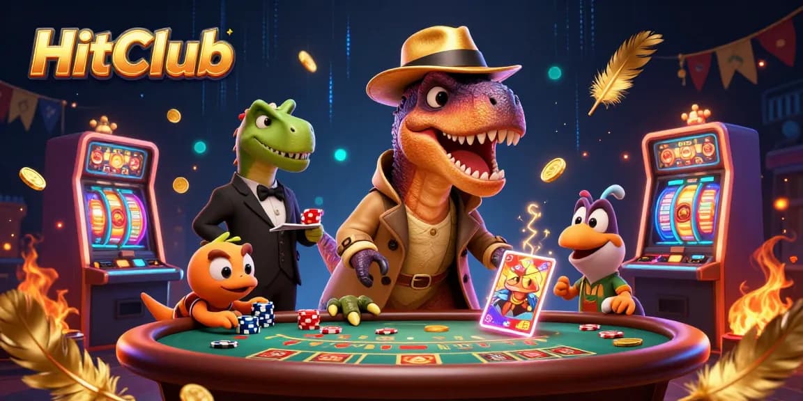 HitClub velociraptor card counter amidst golden tokens and slot machines in a vibrant casino scene.