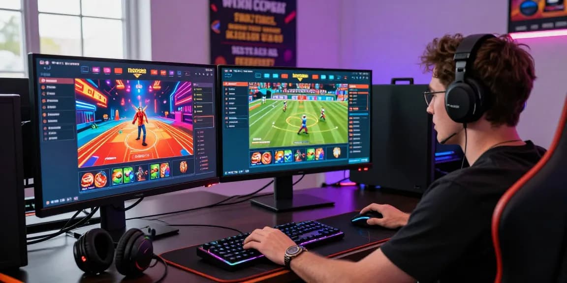Engaged player at gaming desk for go99 đăng nhập with monitors displaying casino graphics and sports betting.