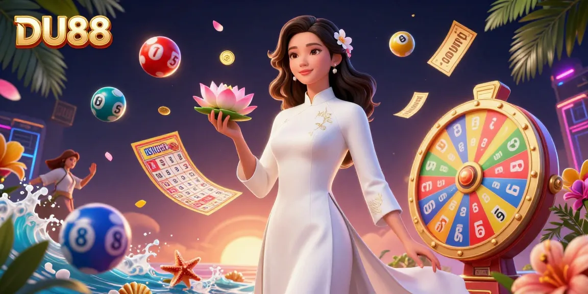 Experience the excitement of winning at DU88 with a vibrant 3D casino scene filled with lottery elements and dynamic visuals.