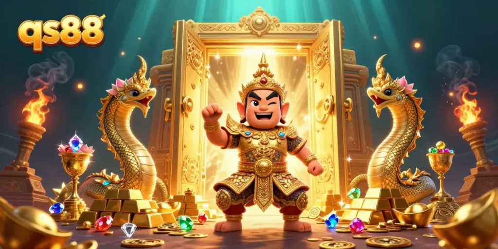 Experience thrilling gameplay at qs88 within a vibrant, treasure-filled casino scene.