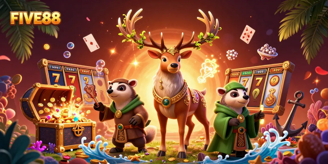 Engage in FIVE88's thrilling slots experience with a vibrant 3D scene of fantasy characters and gaming elements.