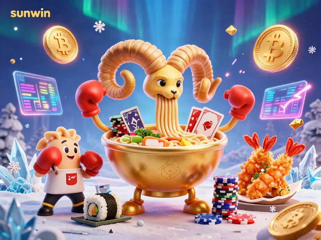 Engage with the exciting world of sunwin as characters serve cards and chips amidst dazzling crypto elements.