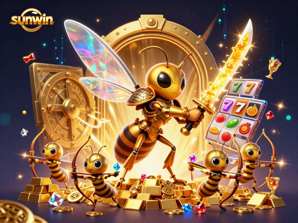 Engage with sunwin's thrilling slot action featuring a golden hornet samurai in a bustling casino environment.