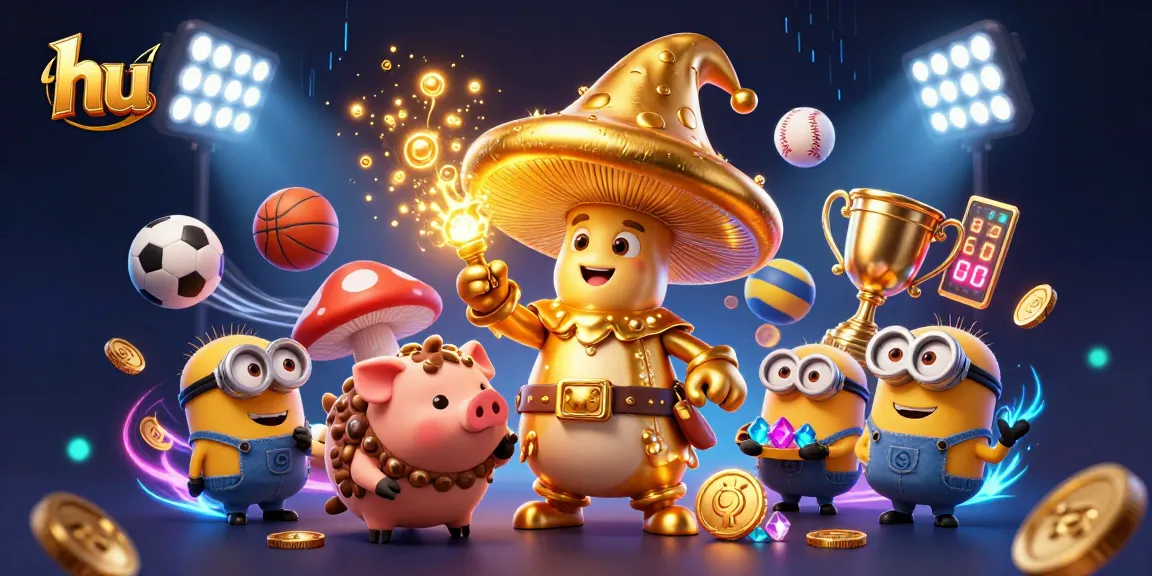 The golden mushroom wizard enchants the realm of hu, surrounded by treasures flying in vibrant sports energy.