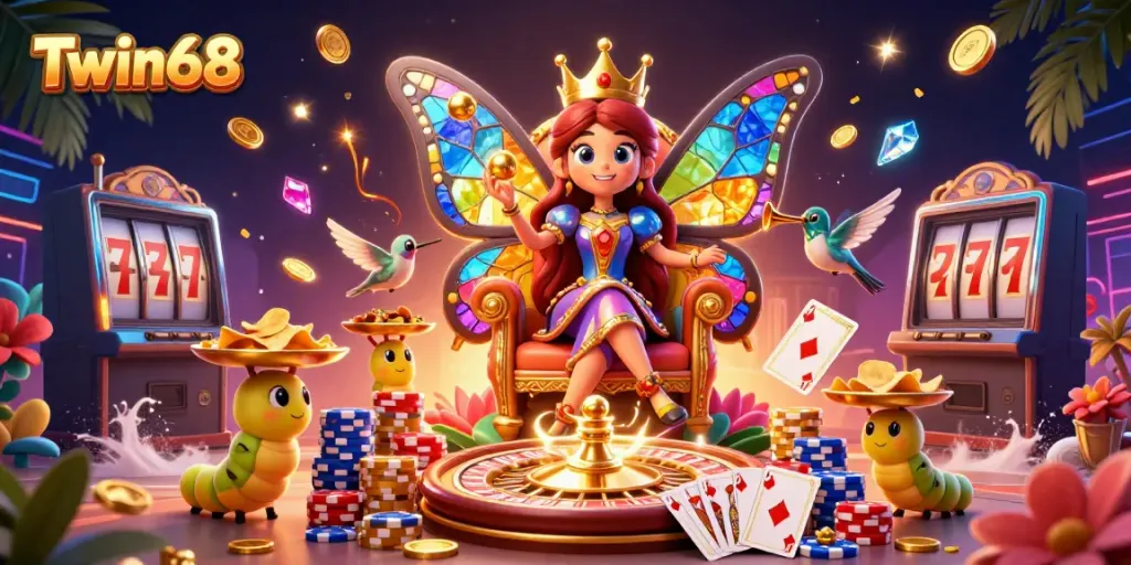 Experience the vibrant gaming world of Twin68 with a lively butterfly queen and dazzling casino elements