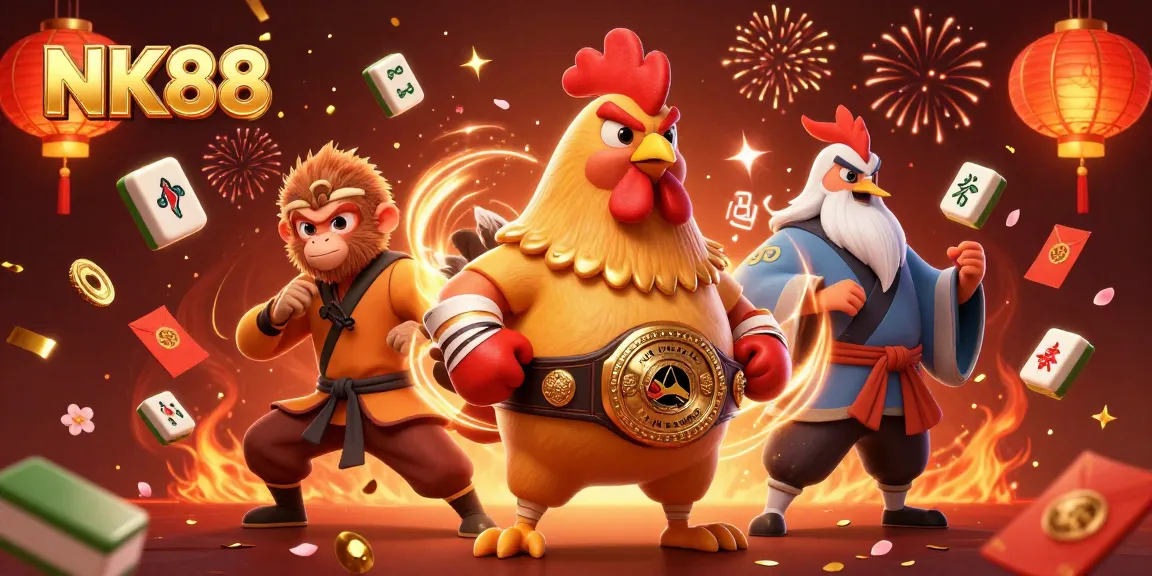 Experience the thrill of NK88 as a fierce Muay Thai rooster and martial artists celebrate gambling victories in a vibrant 3D scene.