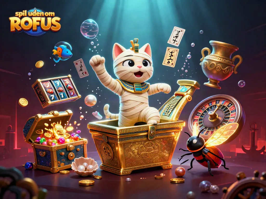 Experience thrilling gameplay with spil uden om ROFUS featuring an Egyptian mummy cat and vibrant casino elements.