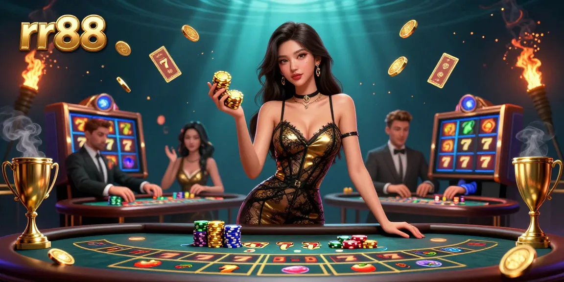 Experience high-stakes action at rr88 with a glamorous Asian woman celebrating her casino wins amidst colorful slots and golden trophies.