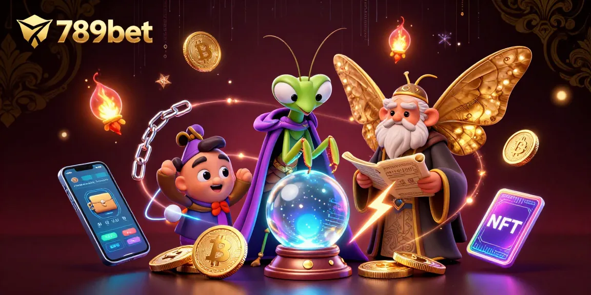Experience the mystique of 789bet with a fortune teller and moth librarian in a vibrant crypto-themed casino scene.