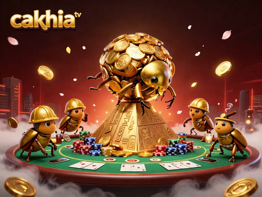 Experience the vibrant action of Cakhia TV with golden coins and a massive beetle scene.