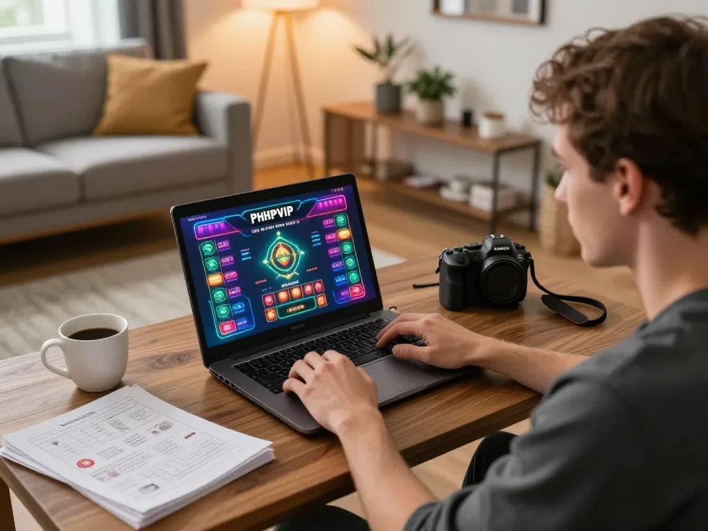 Engaging in PHPVIP online casino gaming with focused player at home setup