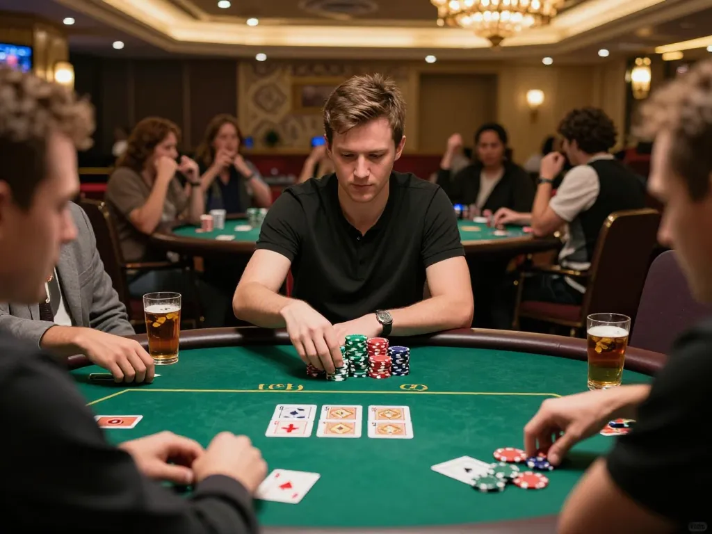 Engaged player strategizing in a high-stakes poker game at 9BET casino, chips stacked, cards laid out.