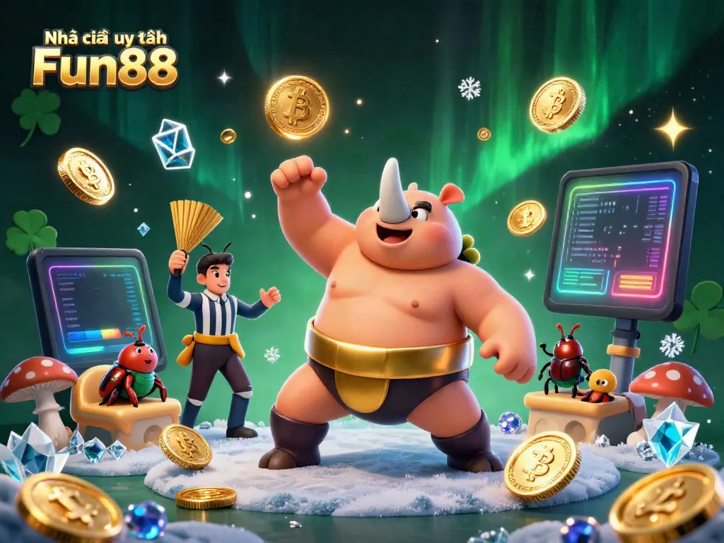 Experience dynamic gaming with Nhà cái uy tín Fun88 featuring a rhinoceros beetle sumo champion surrounded by animated gold coins and crypto elements.