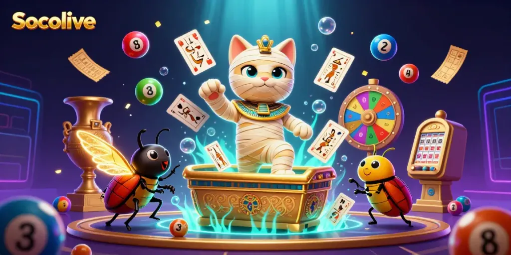 Join the excitement at Socolive as the mummy cat and scarab beetle bring luck amidst vibrant lottery elements.