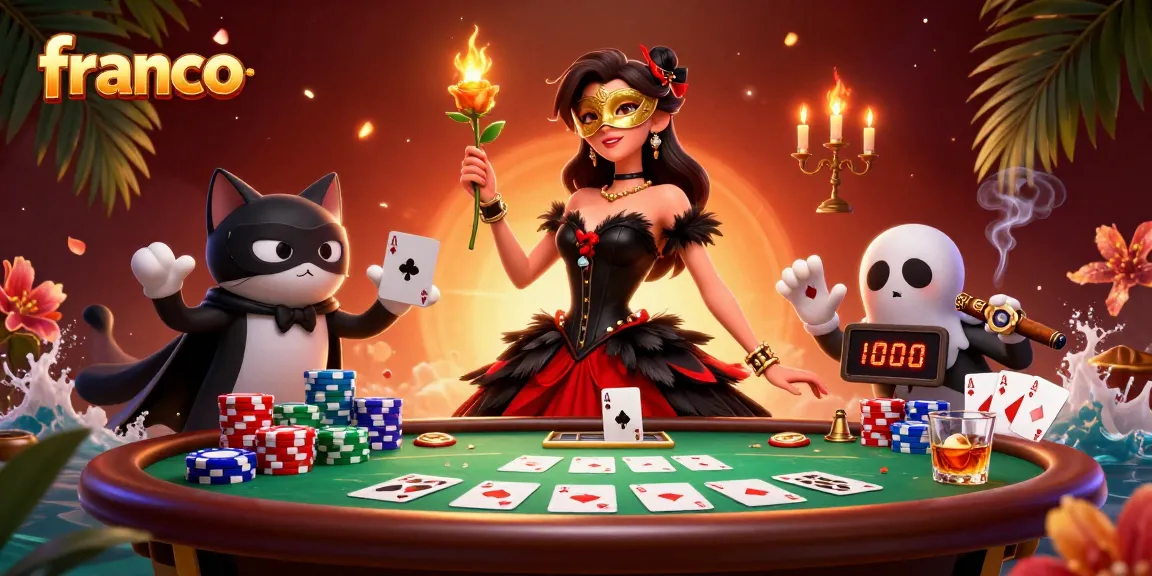 Immerse in the excitement of gambling as Franco-themed characters engage around a vibrant poker scene.