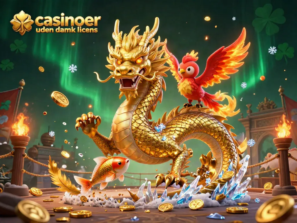 Play to win at casinoer uden dansk licens with playful dragon, phoenix, and koi in a vibrant casino-themed scene.