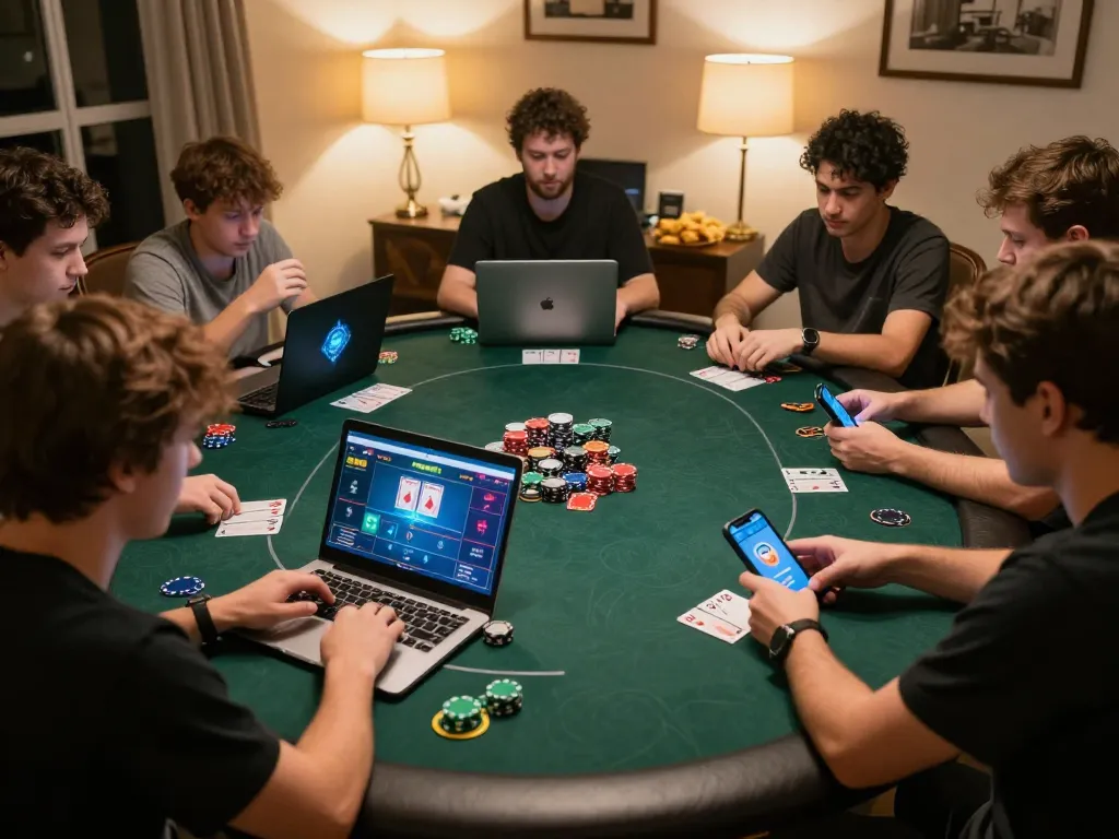 Engaged players in an online poker game on laptops and smartphones, showcasing 11bet strategy and excitement.