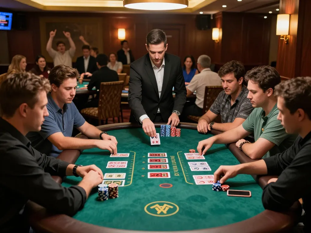 Engaged players at a blackjack table during an exciting MMOO gaming session, focused on strategy.