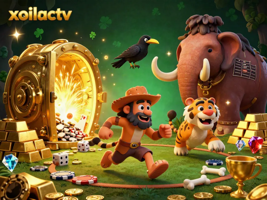 Xoilactv's vibrant prehistoric casino scene with cavemen and treasures, showcasing dynamic gambling excitement.