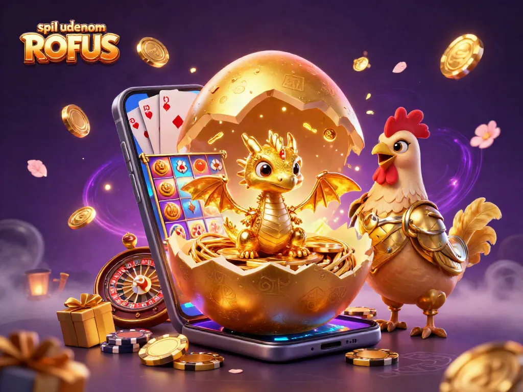 Engage in thrilling experiences at spil uden om ROFUS with a vibrant 3D illustration of game elements and characters.