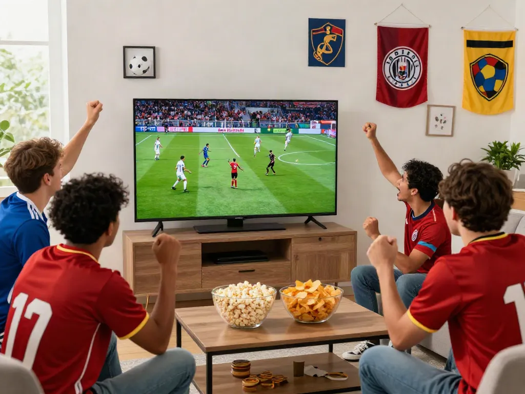 CakhiaTV soccer fans cheering in a lively living room during a match.