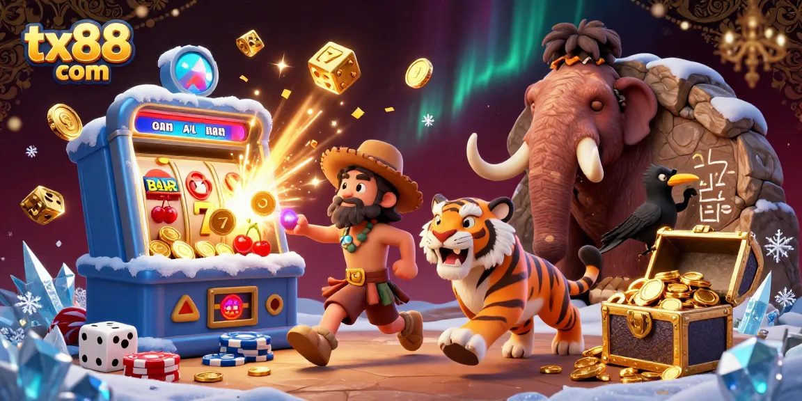 Engage in exciting casino action with tx88 com at this vibrant 3D caveman-themed gaming scene.