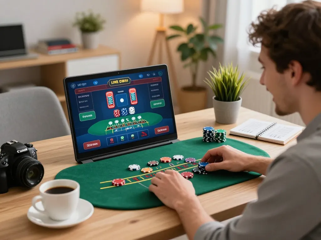 Engaged player enjoying RED88 online blackjack game on laptop, showcasing a comfortable gaming setup