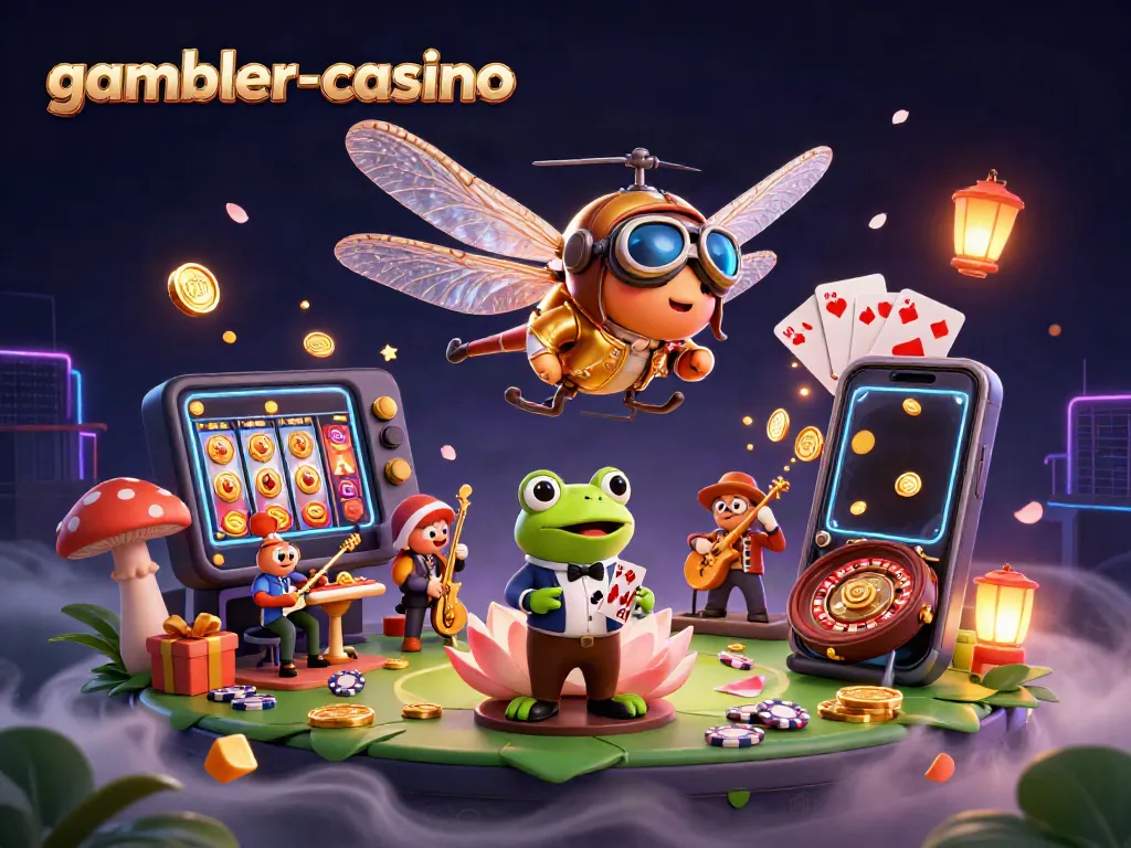 Gambler-casino illustrerar en livlig scen med en drake och en groda som blandar kort i ett kasino.