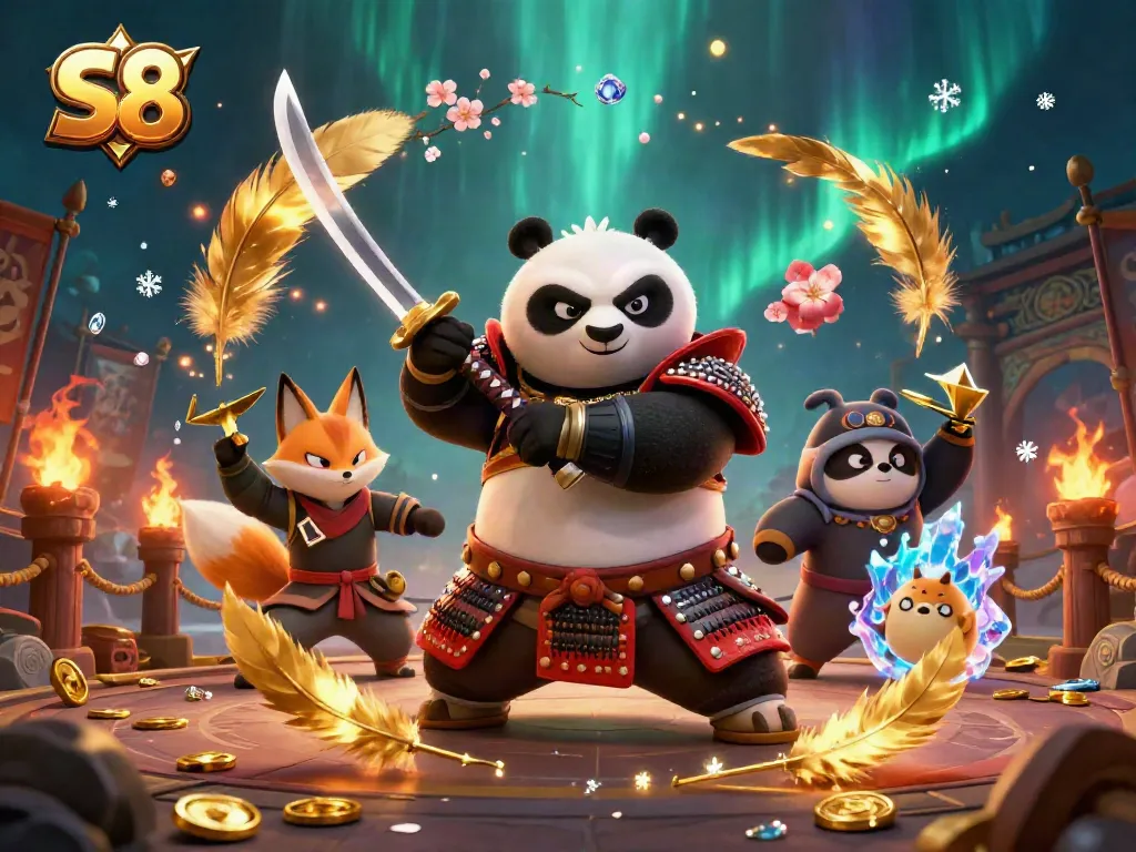 Engage with S8's vibrant casino scene featuring a samurai panda, ninja fox, and magical spirit tanuki.