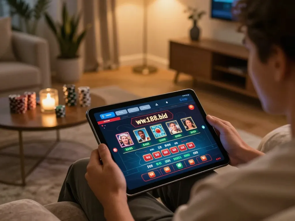 Engaging in online gaming at https://w188.bid/, displaying an interactive casino experience on a tablet.