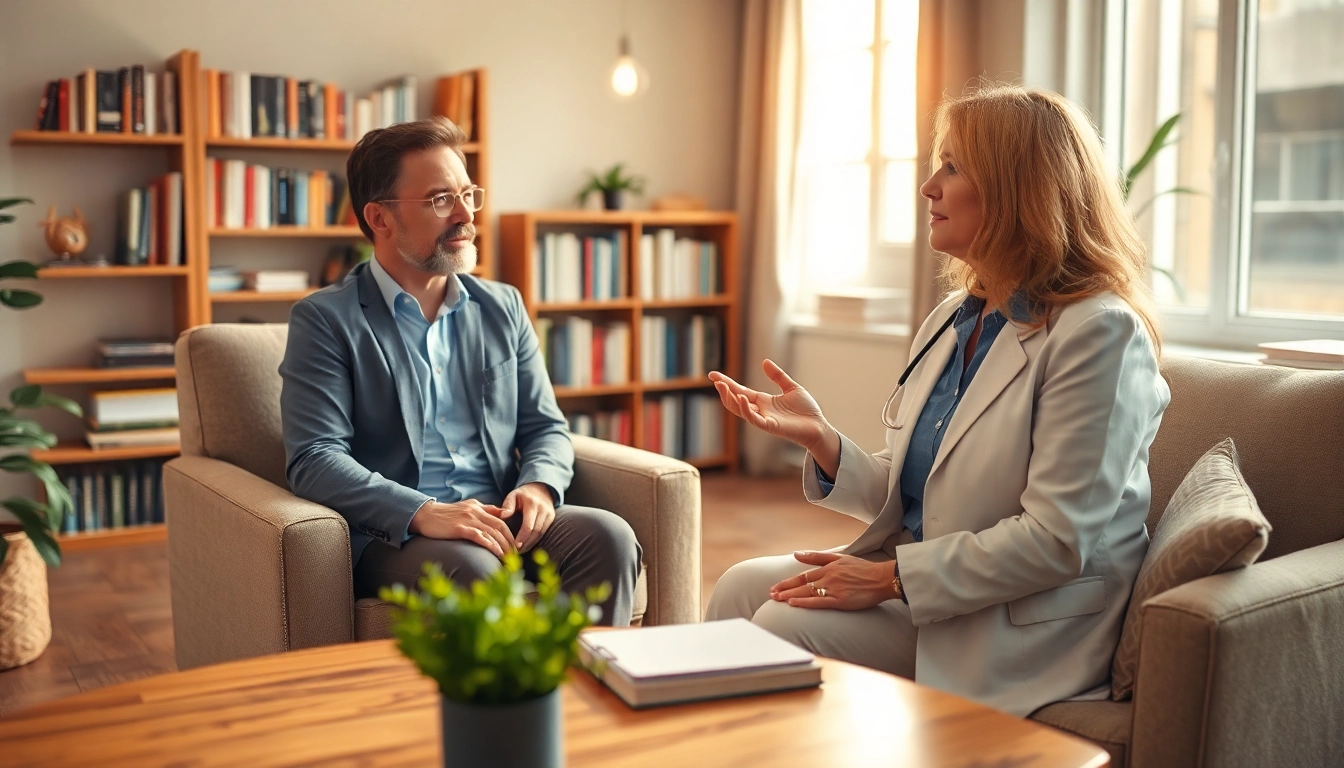 Engaging therapist sharing mental health tips in a cozy office.