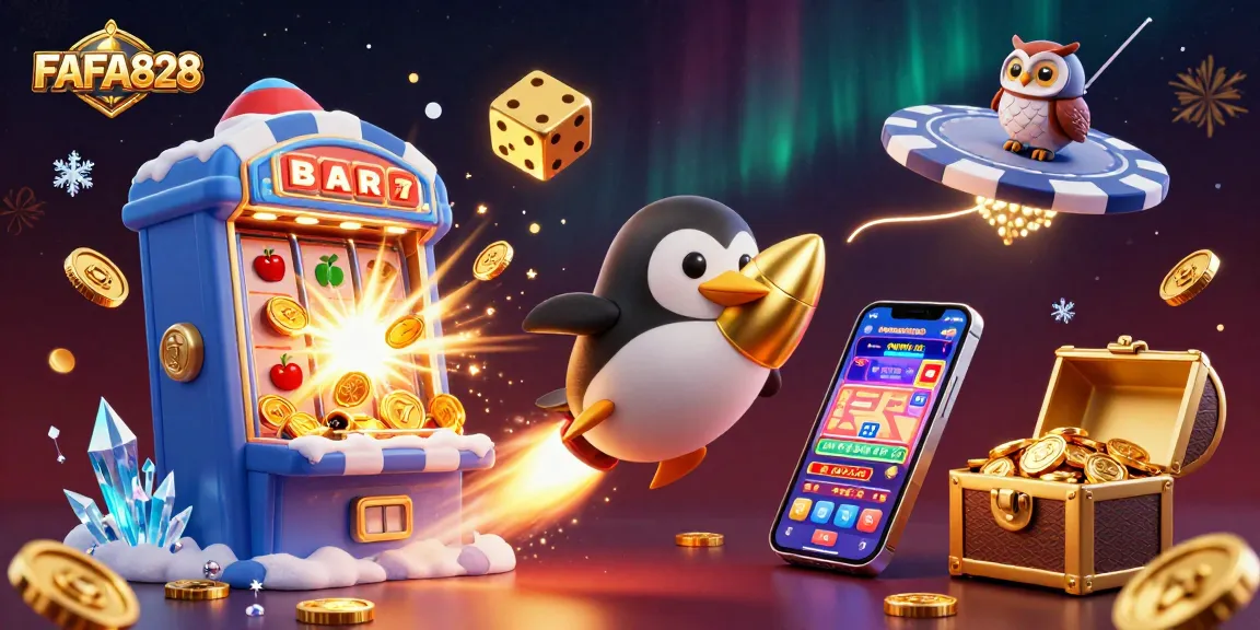 FAFA828 gambling illustration featuring a golden penguin rocket, dynamic slot machine, and casino elements.