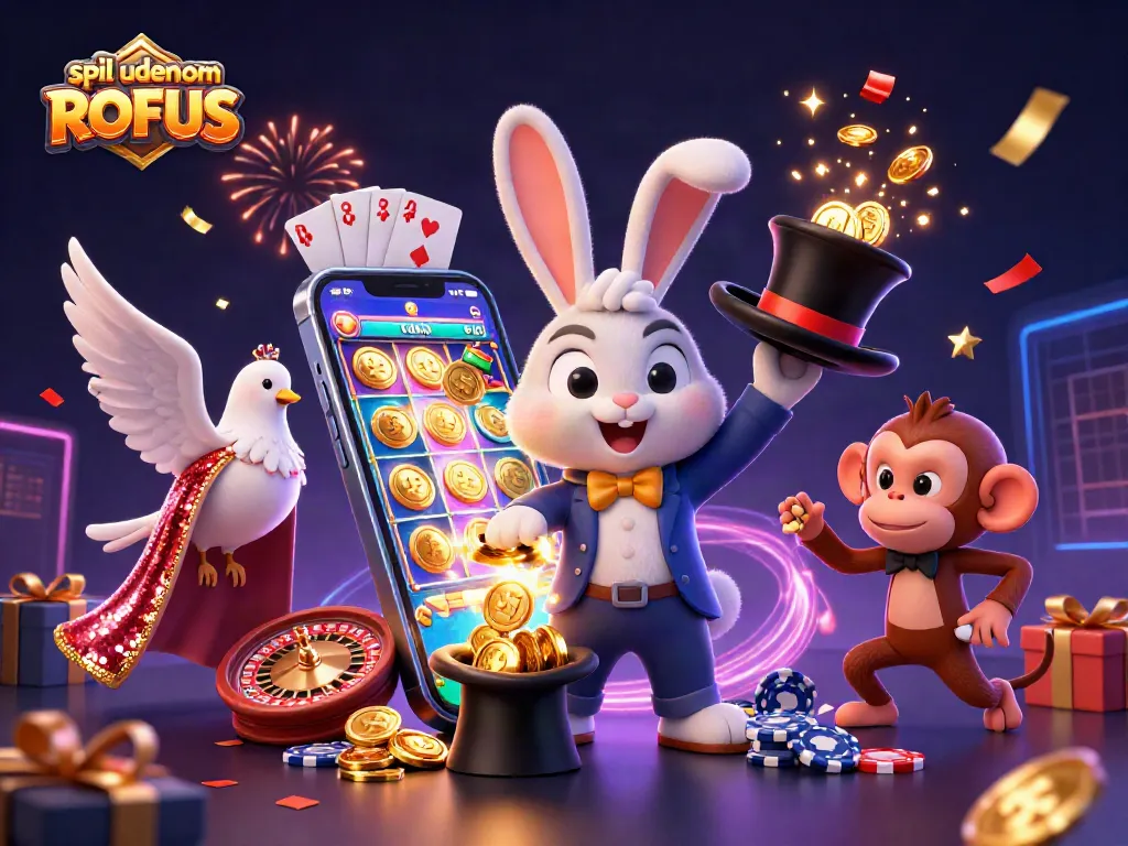 Engage in gameplay at spil uden om ROFUS with a magical scene of a rabbit, dove, and monkey amid casino elements.