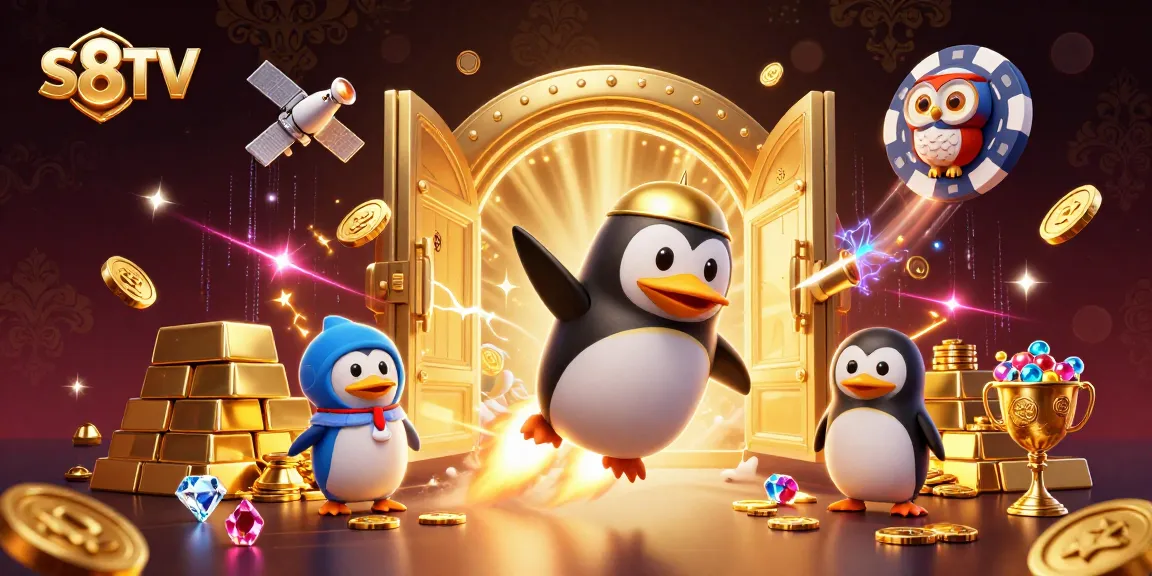 S8TV engages players with a vibrant visual of a golden penguin and treasure in an exciting casino universe.