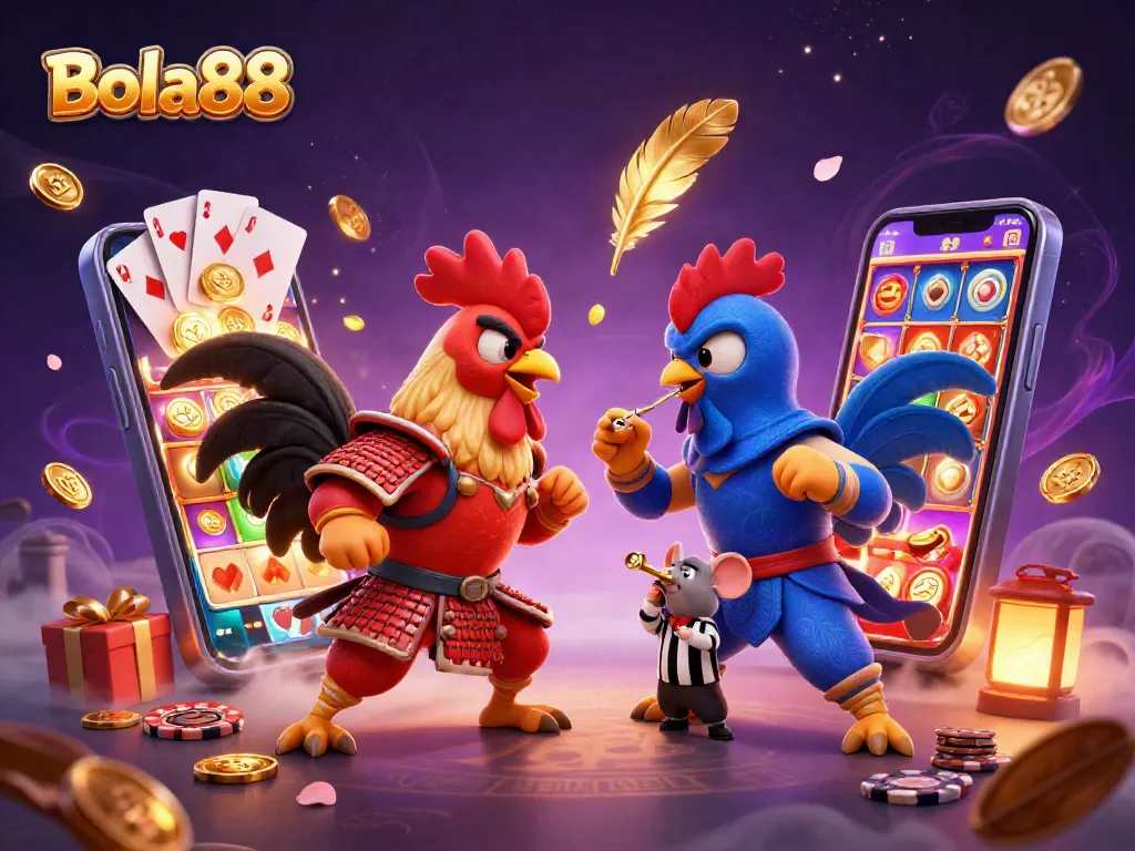 Bola88 inspires a thrilling showdown between cartoon fighting roosters in a vibrant casino scene.