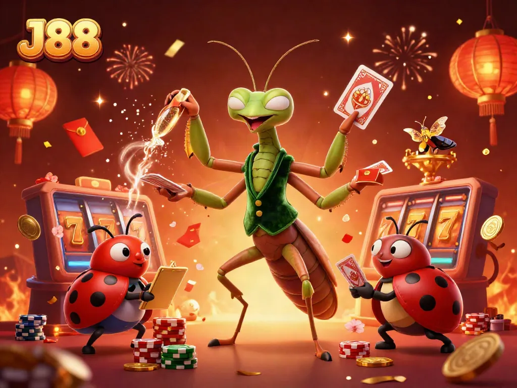 Experience thrilling J88 casino action with a vibrant 3D illustration of a mantis dealer and ladybug pit boss.