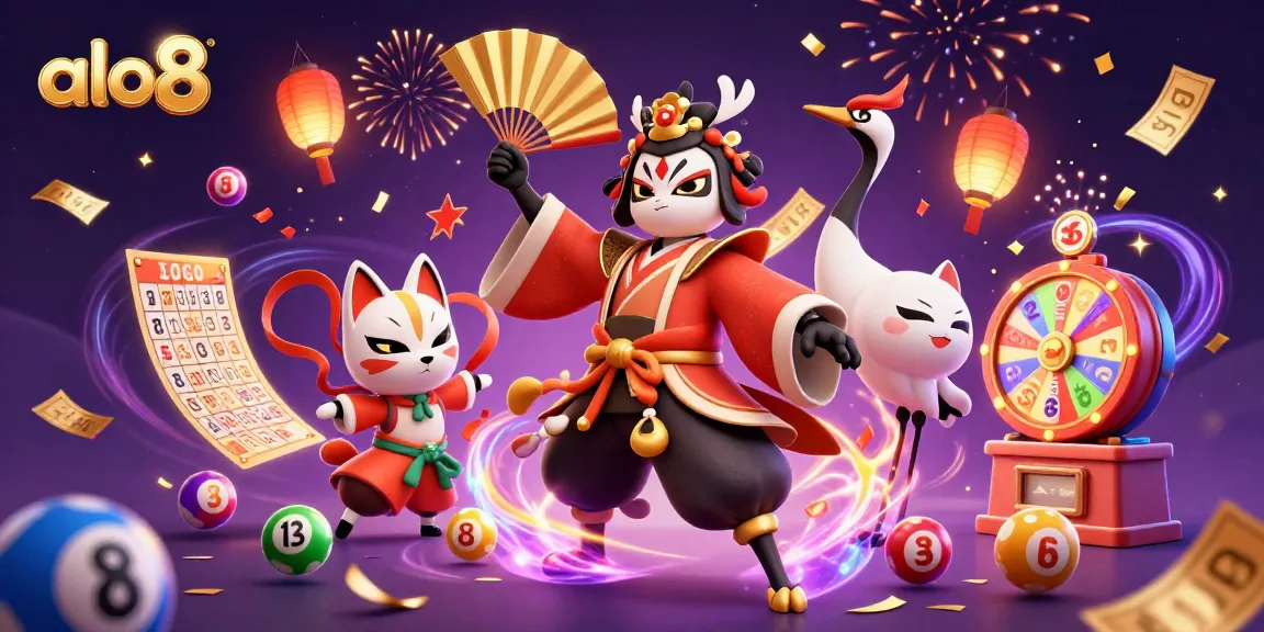 Win big with ALO8’s thrilling 3D casino adventure showcasing vibrant lottery elements and magical characters.