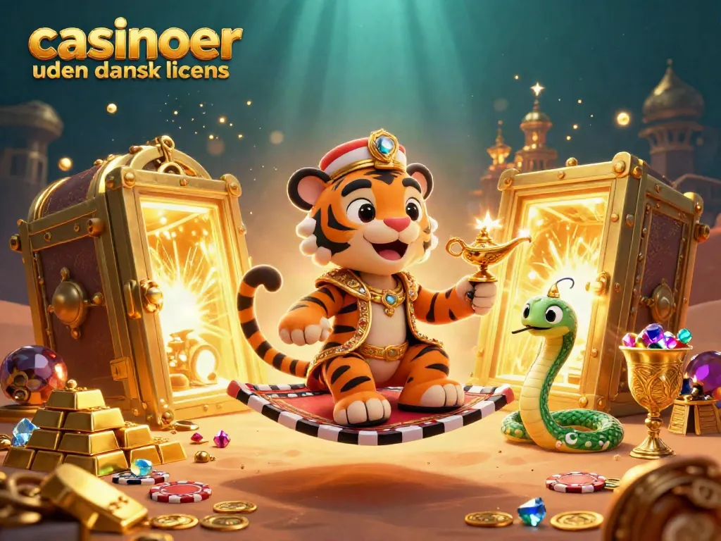 Engage with the enchanting world of casinoer uden dansk licens through a vibrant 3D illustration featuring a tiger sultan and treasure.
