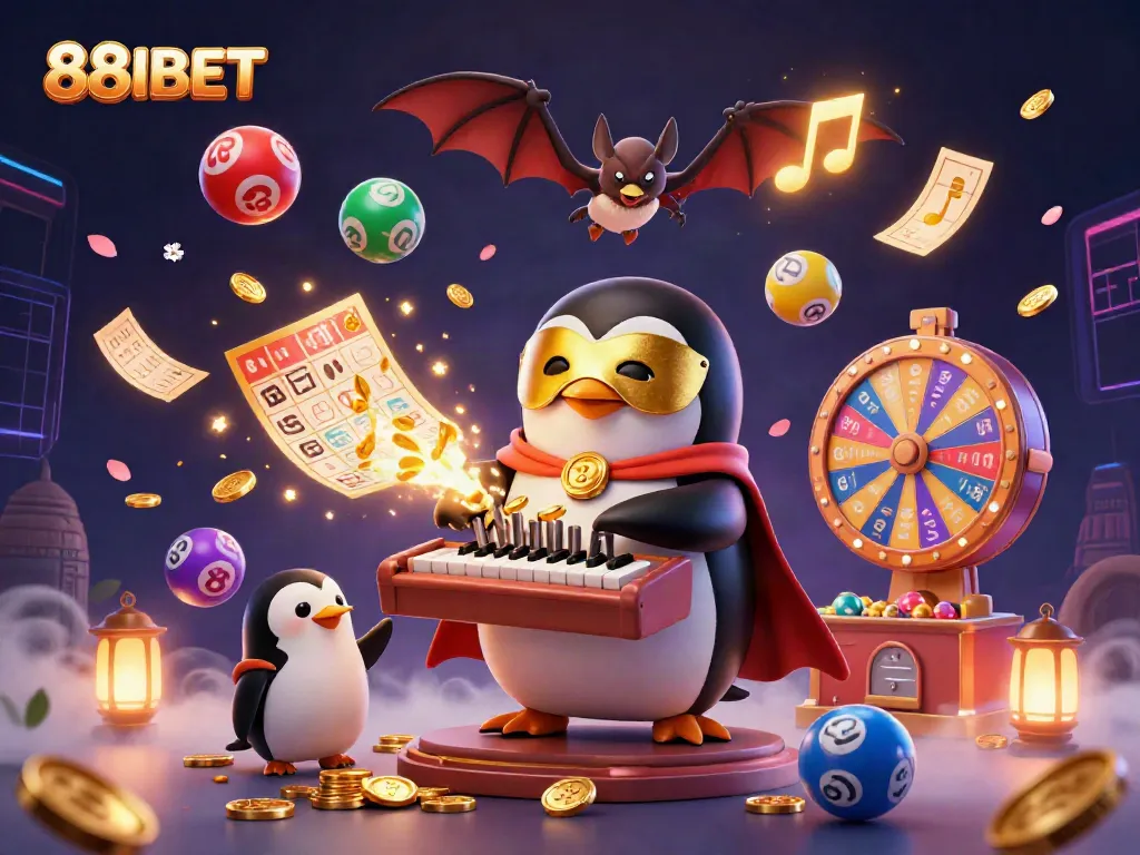 88IBET engages players with a vibrant 3D casino scene featuring a golden organ and lively characters.