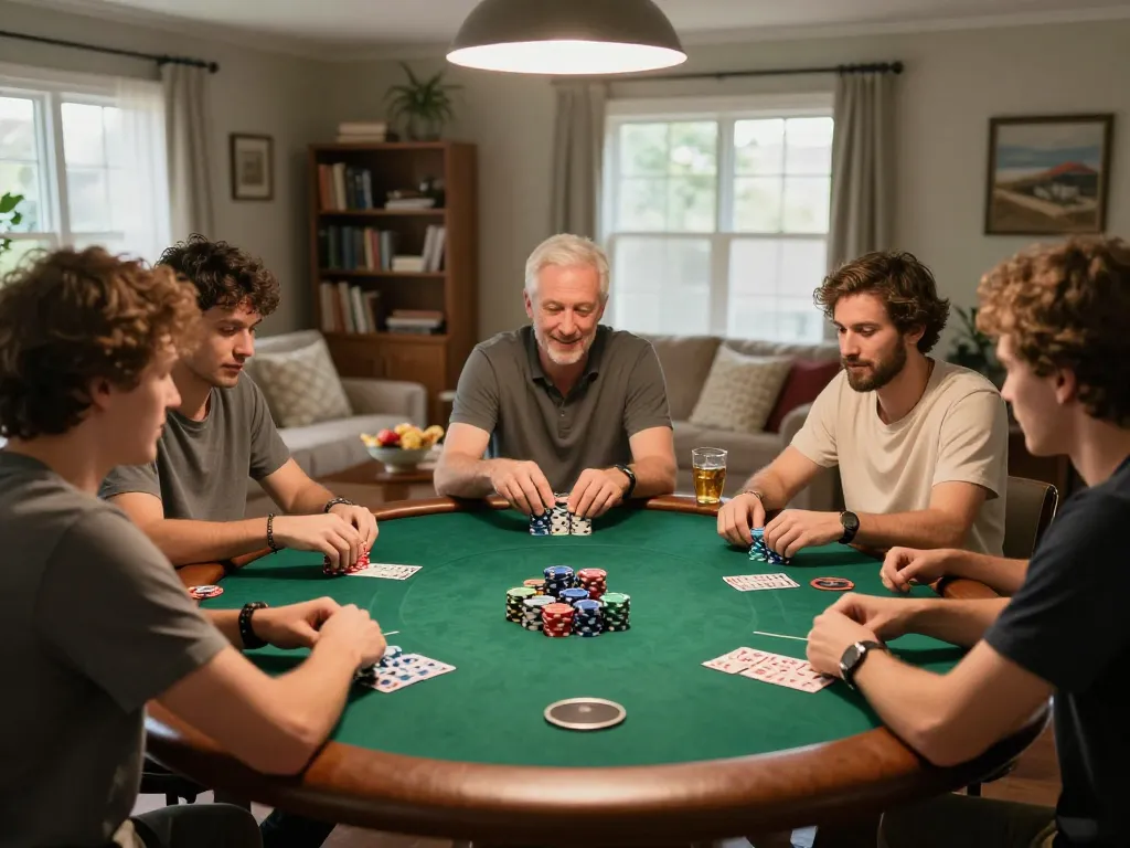 Players engaged in an exciting game of Texas Hold'em at five88 home poker night, showcasing chips and cards.