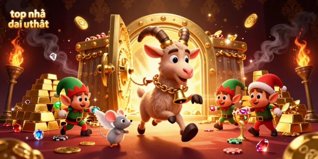 Experience thrilling action in top nhà cái uy tín with 3D characters stealing chips in a festive casino.