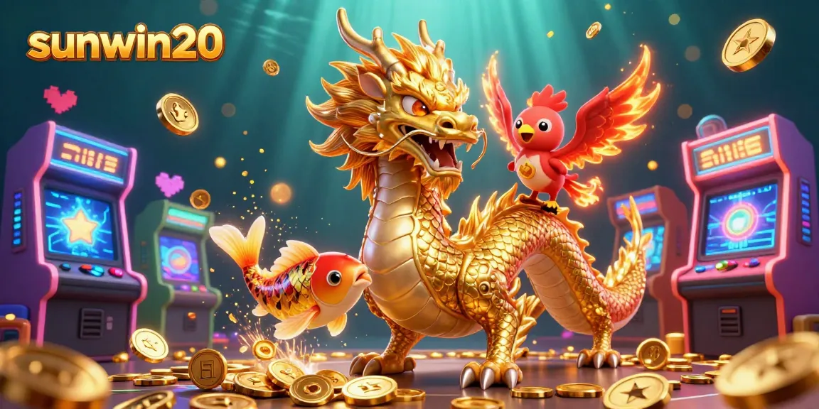 Engage with sunwin20's vibrant casino environment showcasing a golden dragon, phoenix, and koi in action.