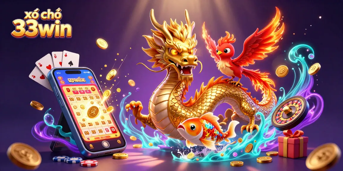 Experience the excitement of xổ số 33win with a fierce dragon, phoenix, and koi fish amid lottery vibes.