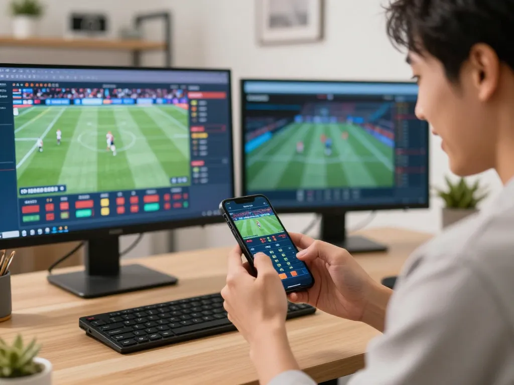 Engaging user placing mobile bets on VB88 for live sports events in a modern home office
