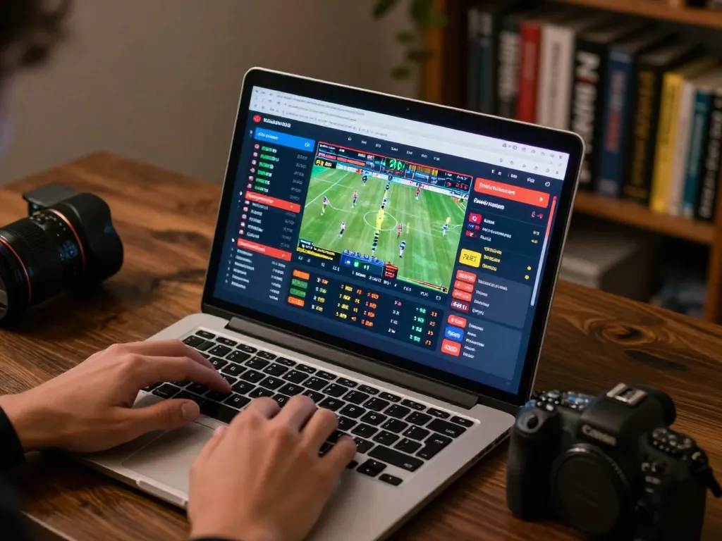Xoilac sports betting enthusiast analyzing live odds and games on a laptop in a cozy environment