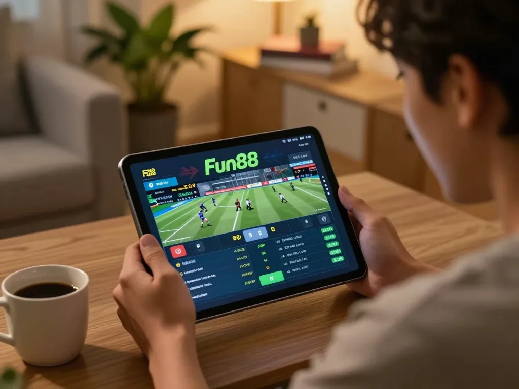 Fun88 user actively placing sports bets on a tablet in a cozy home atmosphere.